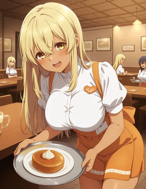 Score_9, score_8_up, score_7_up, source_anime, kana higa, solo, long hair, bangs, blonde hair, hair between eyes, yellow eyes, tanned skin, large breasts, (best quality), (high quality), {masterpiece}, extremely delicate and beautiful, ultra-detailed, beau...