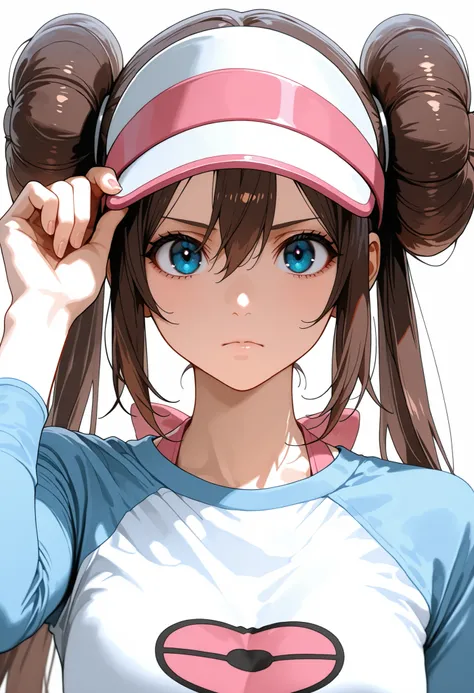 score_9, score_8_up, score_7_up, nh, hat tip, hand on headwear, adjusting headwear, tipping_hat, upper body, serious, face focus, 1girl, solo, rosa, brown hair, double bun, doughnut hair bun, hair bun, blue eyes, hair between eyes, twintails, raglan sleeve...
