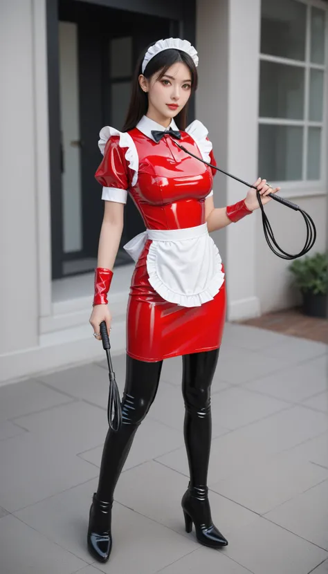 ( top quality )), (( masterpiece fails)), ( in detail), sexy,25+,Japanese,evil,The girl is cute, model-looking whip in his hands, latex maid costume , maid headband , long latex skirt , long latex shirt ,red latex apron, latex tight boots ,covers the wh...
