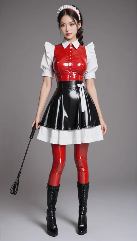 ( top quality )), (( masterpiece fails)), ( in detail), sexy,25+,Japanese,evil,The girl is cute, model-looking whip in his hands, latex maid costume , maid headband , long latex skirt , long latex shirt ,red latex apron, latex tight boots ,covers the wh...