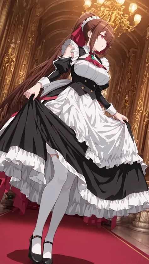 amagi_ilxl, 1girl,lift skirt,white decorated panties,white garter belts ,from below,upskirt,looking at viewers,vivid lighting, joyful atmosphere, colorful background, full body, opulent throne room, elegant noble interior, high vaulted ceilings, ornate cha...