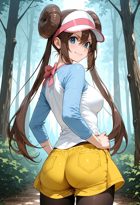score_9, score_8_up, score_7_up, nh, from behind, 1girl, solo, hand on hip, smile, v-shaped eyebrows, outdoors, forest, rosa, brown hair, double bun, doughnut hair bun, hair bun, blue eyes, hair between eyes, twintails, pantyhose, pantyhose under shorts, r...