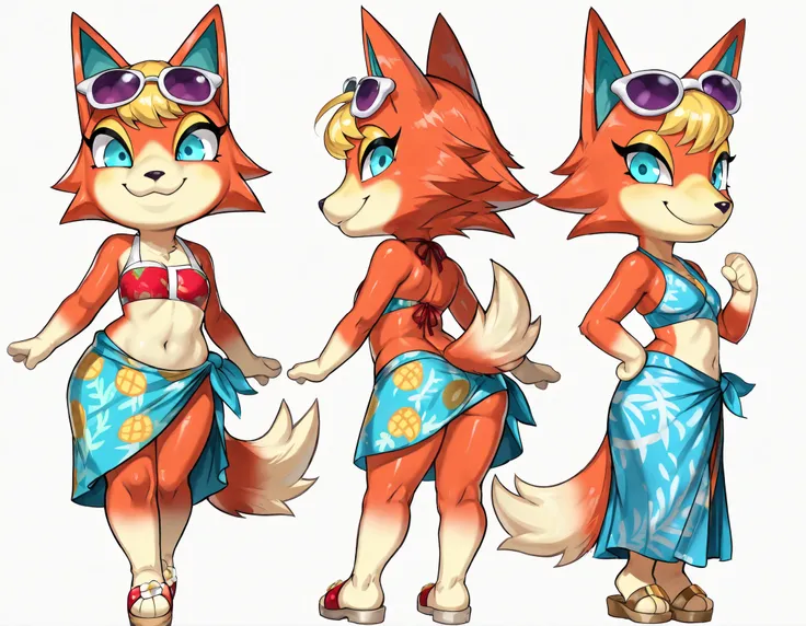 anthro, score_9, score_8_up, score_7_up, furry, fur, face, Audie_\(animal_crossing\), orange fur color, two-tone fur, blue eyes, blonde hair, short hair, ((sunglasses, red bundeau bikini, blue sarong, sandals)), furry girl, smile, countershading, glisterin...