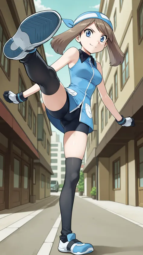 adult older sister, Tall, big boobs, high kick, Kick the viewer, black knee-high stockings, Absolute region, thighs, Beautiful legs, Beautiful legs, Blue shoes, ((anime screenshot, anime cong, )) SapphireBirchILXL, ((top quality)), ((masterpiece)), ((detai...