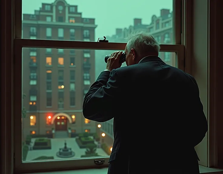 Older man, a little overweight, spies on his neighbors from his window in an apartment across the public garden, view from outside, binoculars, in an old Brown Stone apartment complex in classic NYC, from the 1950s, Alfred Hitchcock's Rear Window aesthetic...