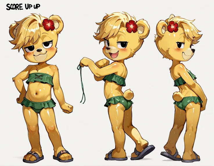 score_9, score_8_up, score_7_up, (masterpiece, best quality, very aesthetic, absurdres, source furry, shaded, 1girl, bear, furry female, Sunni Gummi, young, black eyes, smile, blush, blonde hair, messy bangs, bear features, bear ears, bear tail, yellow bod...