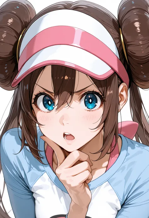 score_9, score_8_up, score_7_up, nh, thinking, open mouth, hand in own chin, upper body, v-shaped eyebrows, face focus, 1girl, solo, rosa, brown hair, double bun, doughnut hair bun, hair bun, blue eyes, hair between eyes, twintails, raglan sleeves, white s...