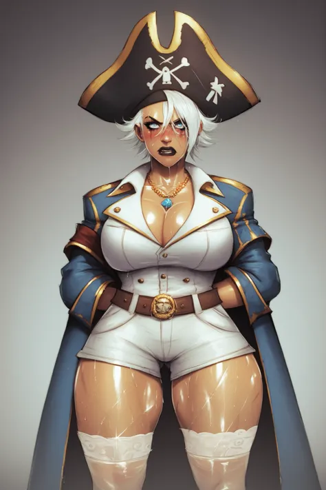 tomboy, tall, wild pirate, very muscular, many tattoos all over her body, busty, big ass, wide and strong thighs, big hips, big body, very muscular and curvy sexy body, with very wide arms, wild and very short haircut, wild and ahoge hairstyle, strands of ...