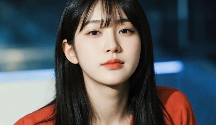 a shoulder-up candid photo of a 20-year-old Korean woman on a real concert stage, photographed with a DSLR, natural lighting, detailed skin texture, soft background blur, minimal or stage makeup, unique facial features, ultra photorealistic, not digital ar...
