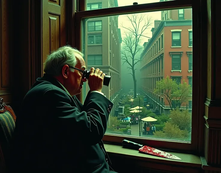 Older man, a little overweight, spies on his neighbors from his window in an apartment across the public garden, view from outside, binoculars, in an old Brown Stone apartment complex in classic NYC, from the 1950s, Alfred Hitchcock's Rear Window aesthetic...