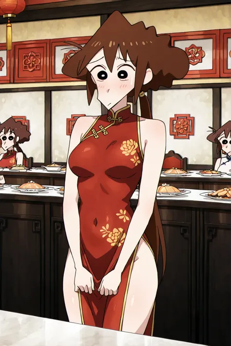 NSFW, Masterpiece, best quality, high resolution, very detailed, lora: misae nohara, dark brown hair、China dress, sleeveless,Chinese restaurant, (medium breasts)