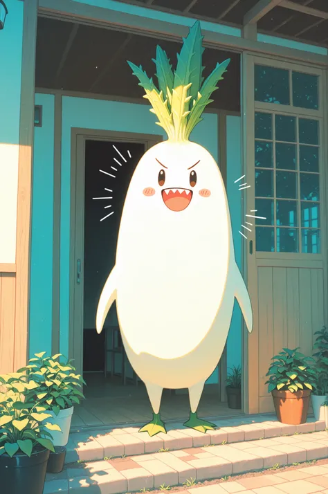 masterpiece, best quality, sharp details, 8k, hdr, crisp lines, perfect lighting, A family of cheerful daikon are having a conversation on the porch of their suburban house
