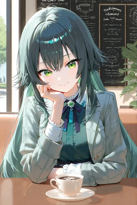 One girl, Tsukimura Temari, has voluminous hair, long eyelashes, looks at me and smiles while sitting across a table in a cafe, composition seen from the front, soft light, high image quality