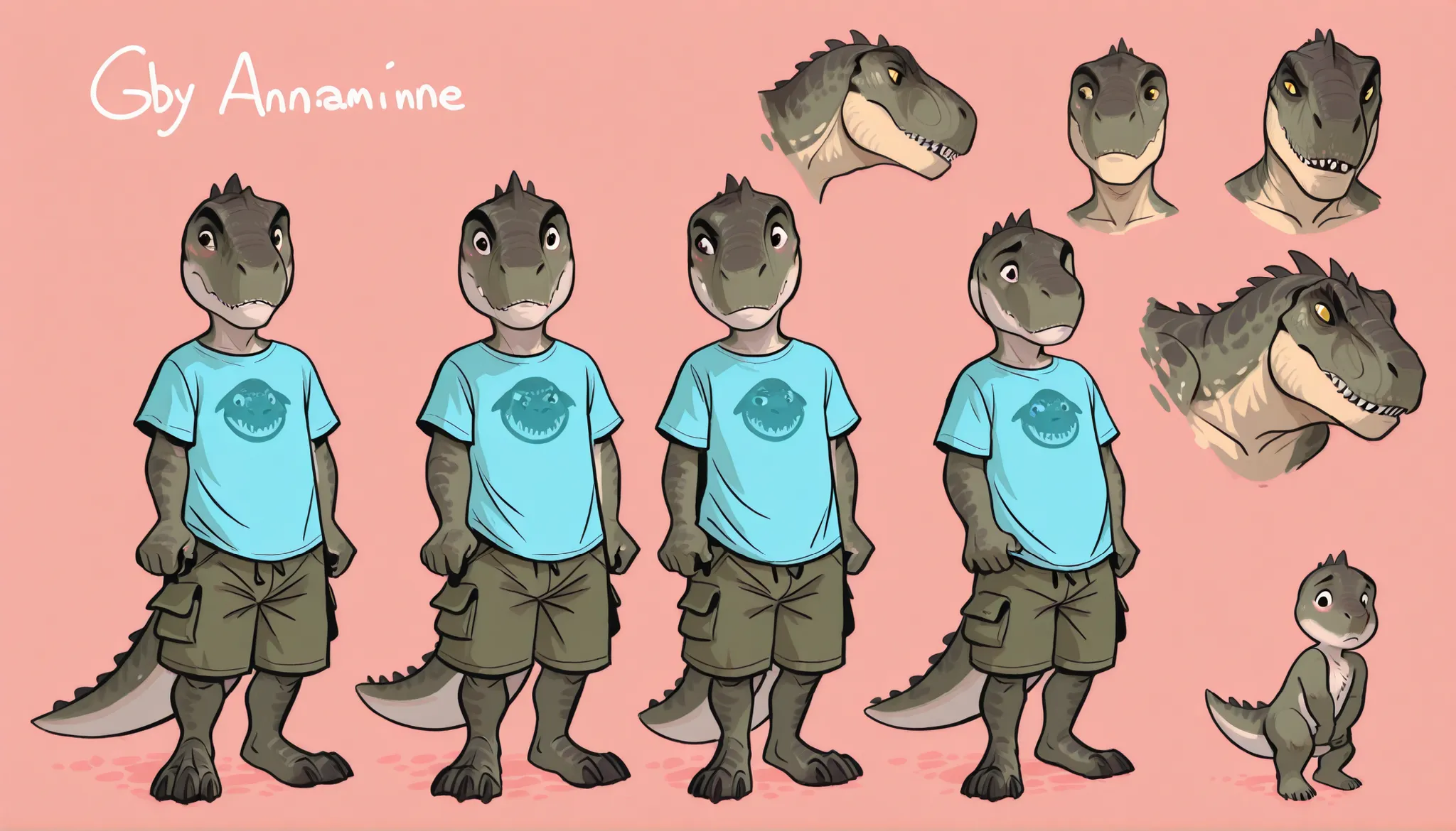 Anthro T-rex, dinosaur, scale, reptile, male, young, toddler, small, short, cub, thick tail, cute, t-shirt, cargo shorts, claws, teeth, simple design, clean design, minimalistic design, character design, character concept art, multiple views, shy, (by dram...