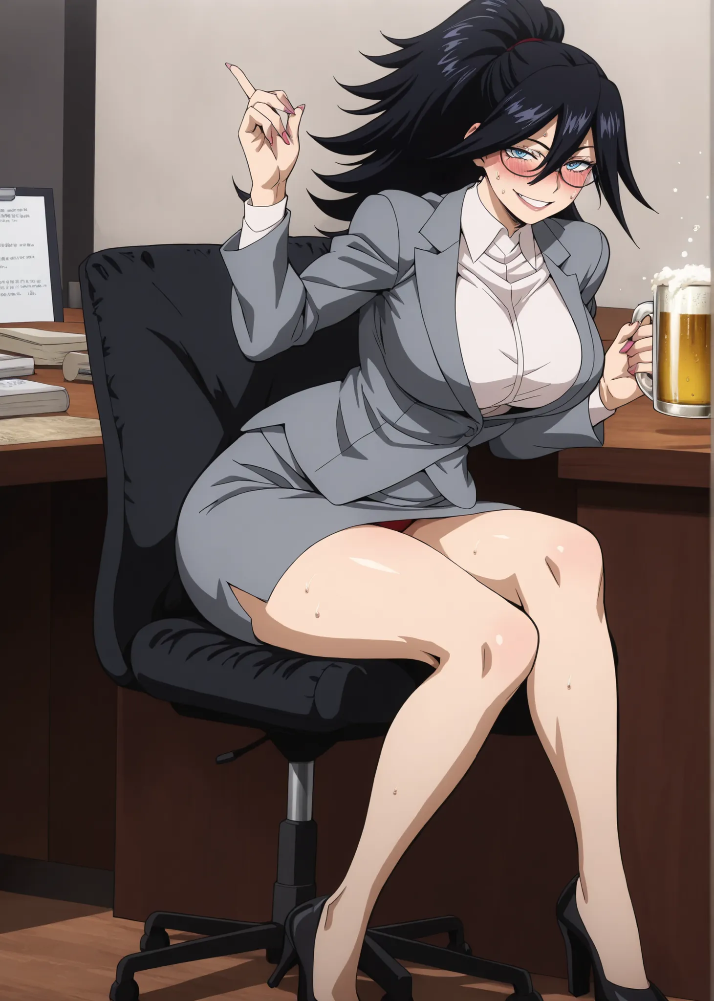 Midnight, black hair, blue eyes,、tied hair、high ponytail, boss, gray blazer, long sleeves, gray pencil skirt, glasses, high heels, red panties、、masterpiece、newest、lively、is very aesthetic、high contrast、((higheSt quality, maSterpiece))、Mature Woman、cute、clo...