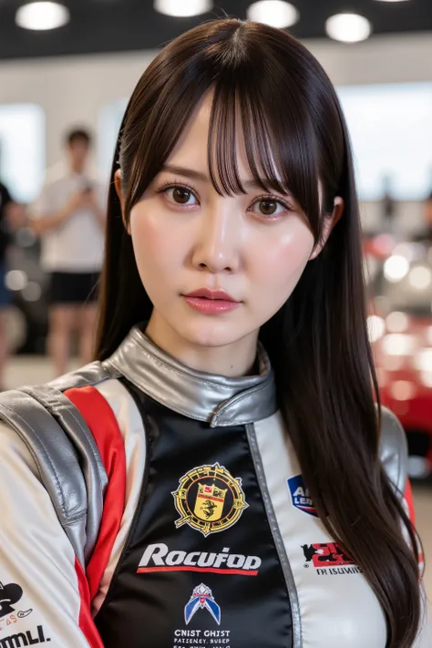 This photo shows a cute Japanese woman, pale skin, realistic skin, race queen costume,  
The image is of very high quality, with clear skin texture.
The focus is on her face.
The focus is very sharp. ultra detailed, 
thin waist.
Her whole body is in the pi...