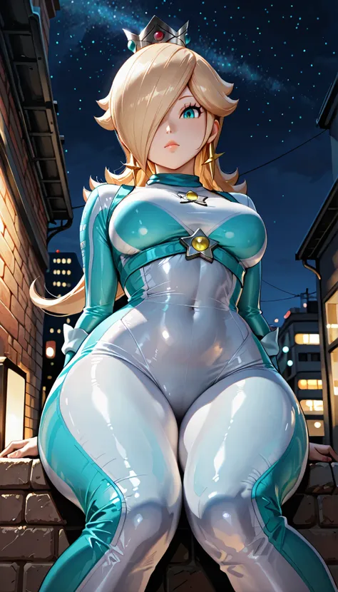 Rosalina, 1girl, solo, blonde hair, crown on head, glossy bright blue eyes, doll like eyes, slender build, thick thighs, stunning legs, legs slightly apart, view focused on legs and thighs , small frame, medium sized breasts, skin tight racing suit,closed ...