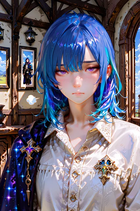 masterpiece, best quality, semi realistic, 8k, boy, cute, purple eye, galaxy shoulder cape, glum, medieval white dress shirts, medium hair, disappointed face, sigh, multicolored hair(black and slightly blue hair: 1.3), looking at viewer, fantasy, wood livi...