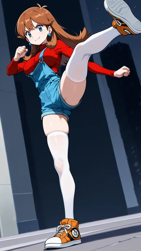 adult older sister, Tall, big boobs, high kick, Kick the viewer, bare hands, red long sleeve shirt, blue overalls denim overalls, White Knee High Stockings, Absolute region, thighs, Beautiful legs, Beautiful legs, orange sneakers with hee-cups, ((top quali...
