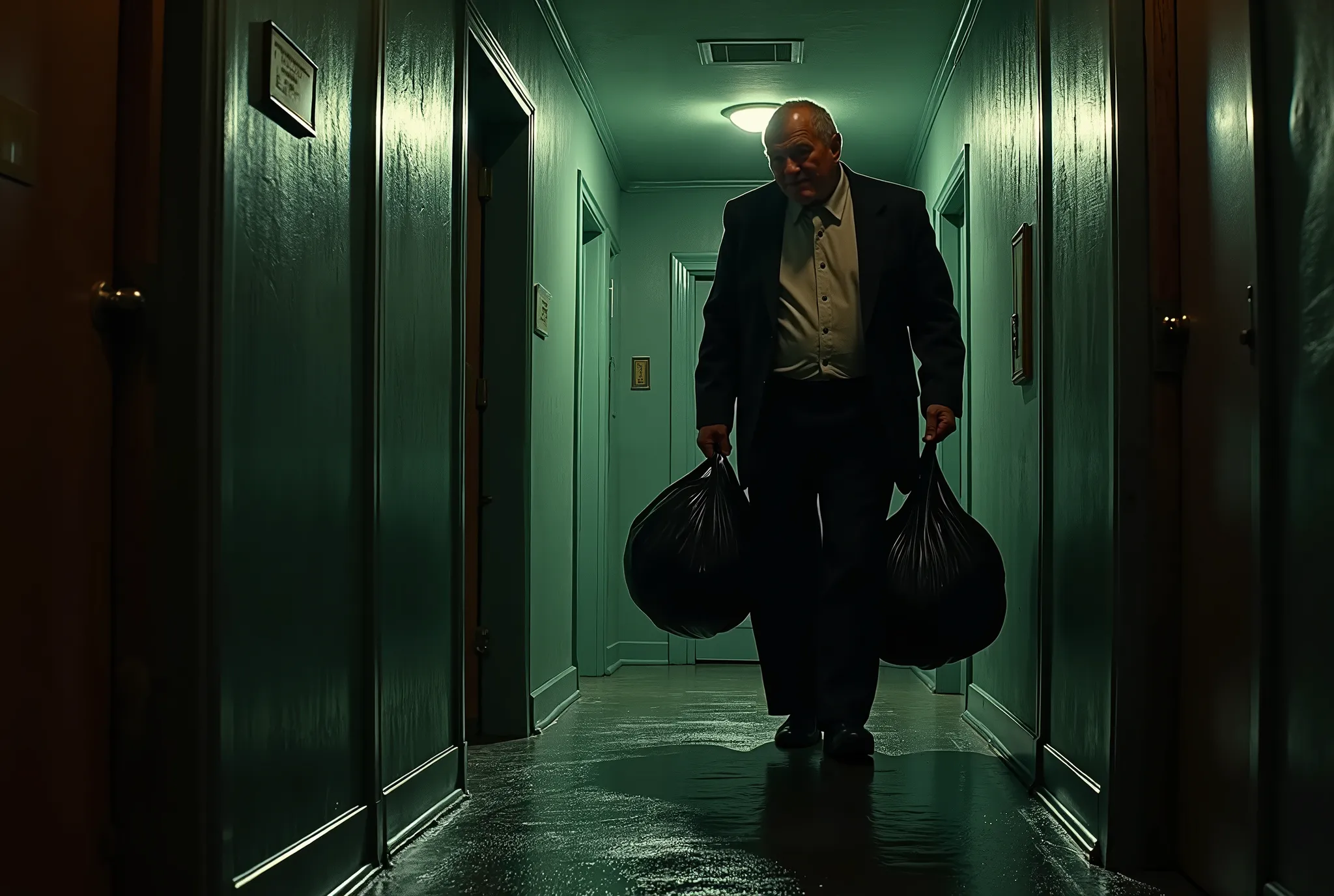 Older man, a little overweight, lives alone in an old Brown Stone apartment complex in classic NYC, from the 1950s, Alfred Hitchcock's Rear Window aesthetic, he is peeping and peeking on his neighbors, he is looking down the hallway late at night, nervousl...