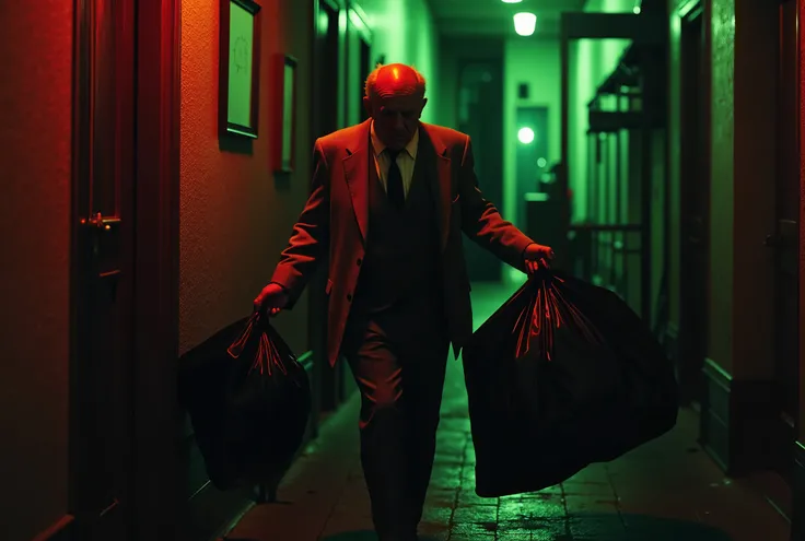 Older man, a little overweight, lives alone in an old Brown Stone apartment complex in classic NYC, from the 1950s, Alfred Hitchcock's Rear Window aesthetic, he is peeping and peeking on his neighbors, he is looking down the hallway late at night, nervousl...