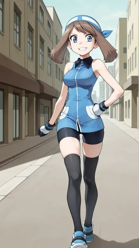 adult older sister, Tall, big boobs, jam one's hands on one's hips, black knee-high stockings, Absolute region, thighs, Blue shoes, ((anime screenshot, anime cong, )) SapphireBirchILXL, ((top quality)), ((masterpiece)), ((details)), solo, 1girl, two legs, ...