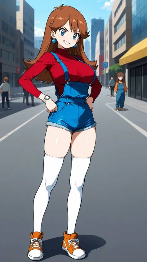adult older sister, Tall, big boobs, jam one's hands on one's hips, bare hands, red long sleeve shirt, blue overalls denim overalls, White Knee High Stockings, Absolute region, thighs, Beautiful legs, Beautiful legs, orange sneakers with hee-cups, ((top qu...