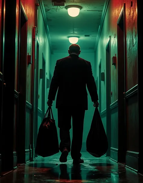 Older man, a little overweight, lives alone in an old Brown Stone apartment complex in classic NYC, from the 1950s, Alfred Hitchcock's Rear Window aesthetic, he is peeping and peeking on his neighbors, he is looking down the hallway late at night, nervousl...