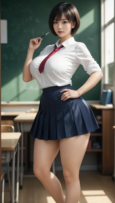 Solo best quality, masterpiece, extremely detailed CG, extremely detailed 8K wallpaper, indoors, classroom, masterpiece, best quality, extreme detail, Sharp anime style, sharp focus, intricate details, 1girl, huge breasts, highres, white school shirt, navy...