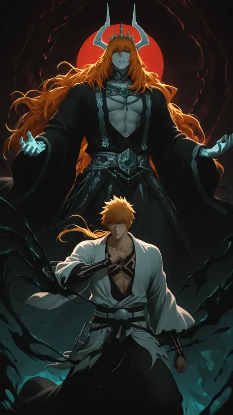 flat color, WaifuDiffusionStyle, neutral background, white splash stylized outline background, 1boy, kurosaki_ichigo, white large hollow curved horn, long_orange_hair, flowing_hair, intense_gaze, pale_skin, ornate_gold_crown, jade_tiara, toned_abs, open_r...