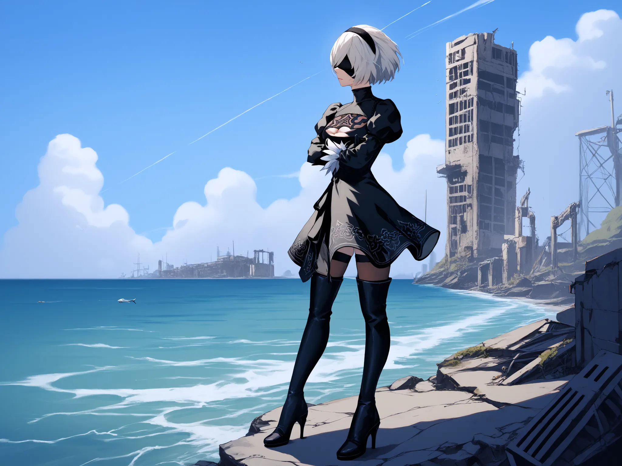 nierscene, scenery, view from side, nier2Bde, blindfold, black blindfold, hairband, white hair, short hair, medium breasts, clothing cutout, cleavage cutout, black dress, puffy sleeves, feather-trimmed sleeves, black gloves, leotard, skirt, black thigh hig...