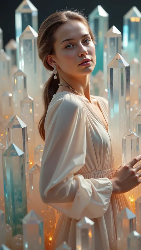 An extremely attractive young woman wearing a long dress has thousands of different colored translucent and clear quartz crystals as tall and taller than her, as thick and thicker than her, coming up out of the ground all around her. Ultra-realistic, photo...