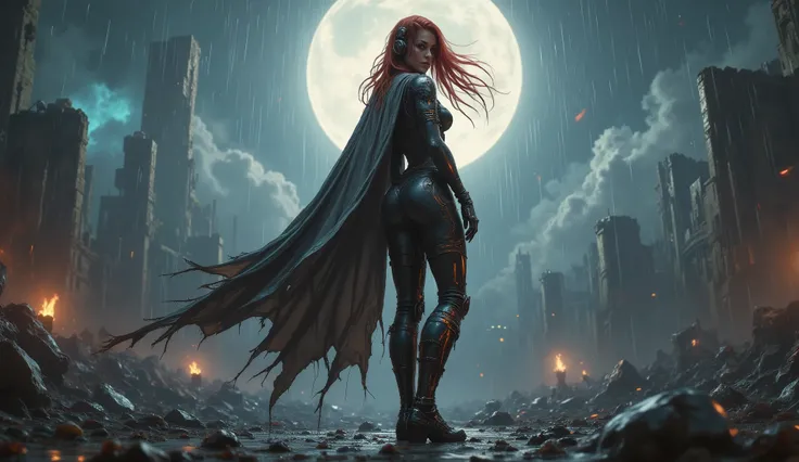 High quality, 4k, night scene. A very revealing futuristic armored woman with long wavy redhead hair that reaches down to her back, her hair blowing in the wind, bangs, she wears two buns one on each side of her head, very detailed gray eyes, long eyelashe...