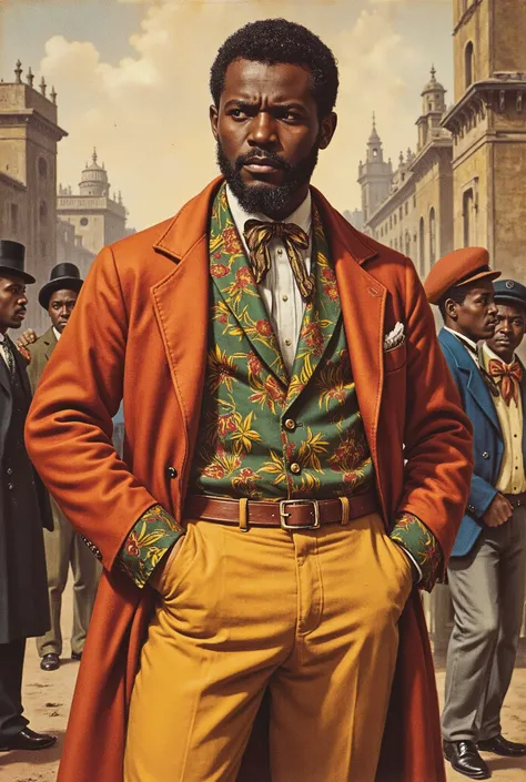 vintage pulp art, antqgldnCE style, pulp art style, 1man, Congolese, lavish clothes, brightly-colored clothes, colonial Congo, 1800’s Congo, city background, highly detailed art style
