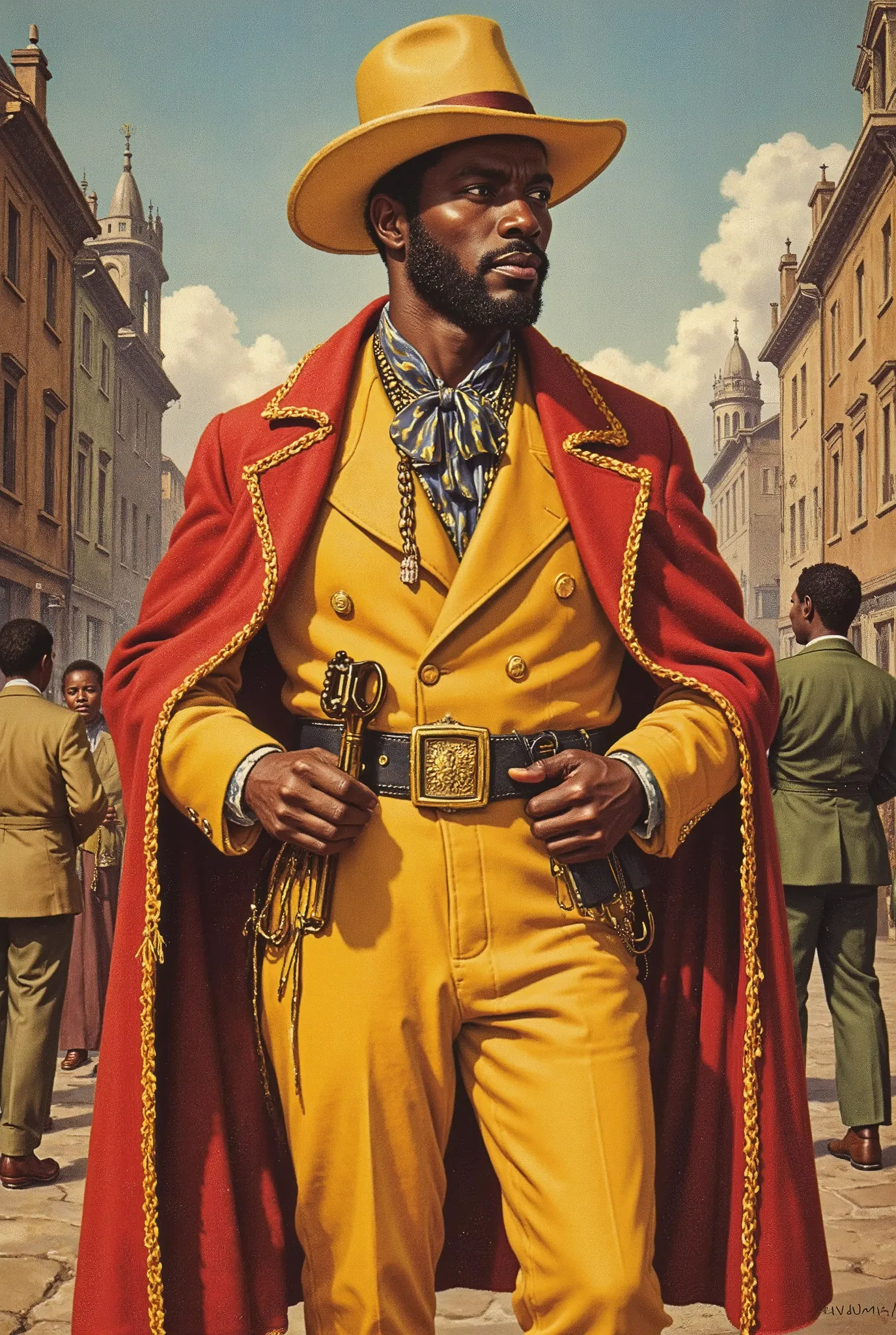 vintage pulp art, antqgldnCE style, pulp art style, 1man, Congolese, lavish clothes, brightly-colored clothes, 1800’s Congo, city background, highly detailed art style
