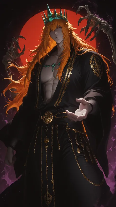 flat color, WaifuDiffusionStyle, neutral background, white splash stylized outline background, 1boy, kurosaki_ichigo, long_orange_hair, flowing_hair, intense_gaze, pale_skin, ornate_gold_crown, jade_tiara, toned_abs, open_robe, black_robe, gold_embroidery,...