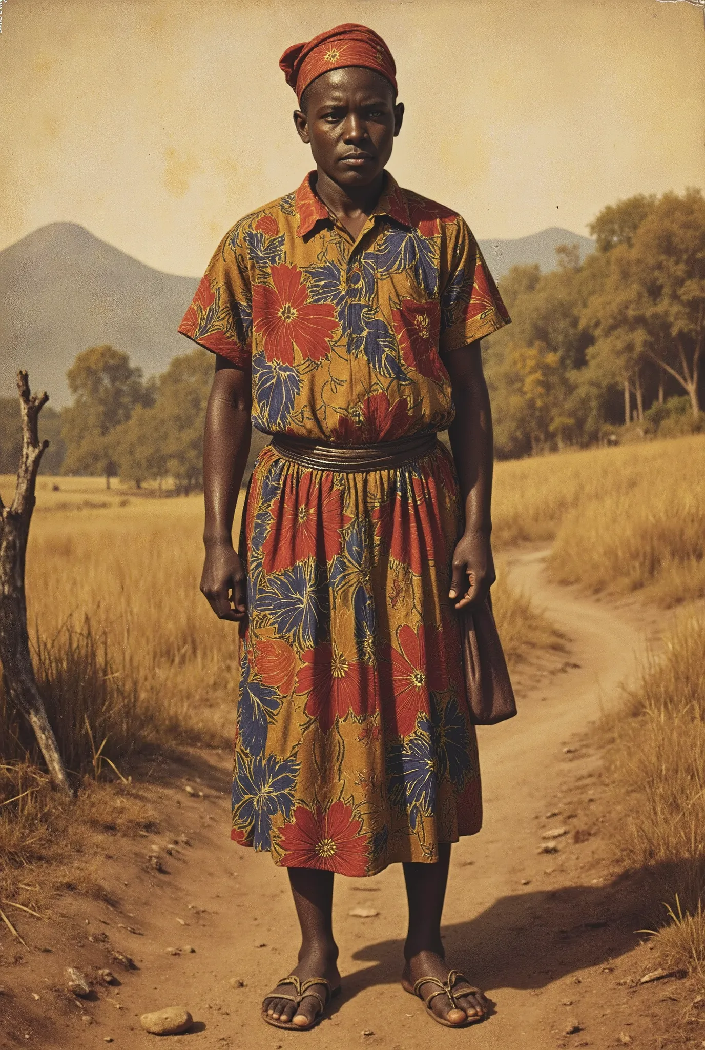 vintage pulp art, antqgldnCE style, pulp art style, antique photo, sepia toned photo, early 19th century Congo peasant, colorful clothes, Congo background