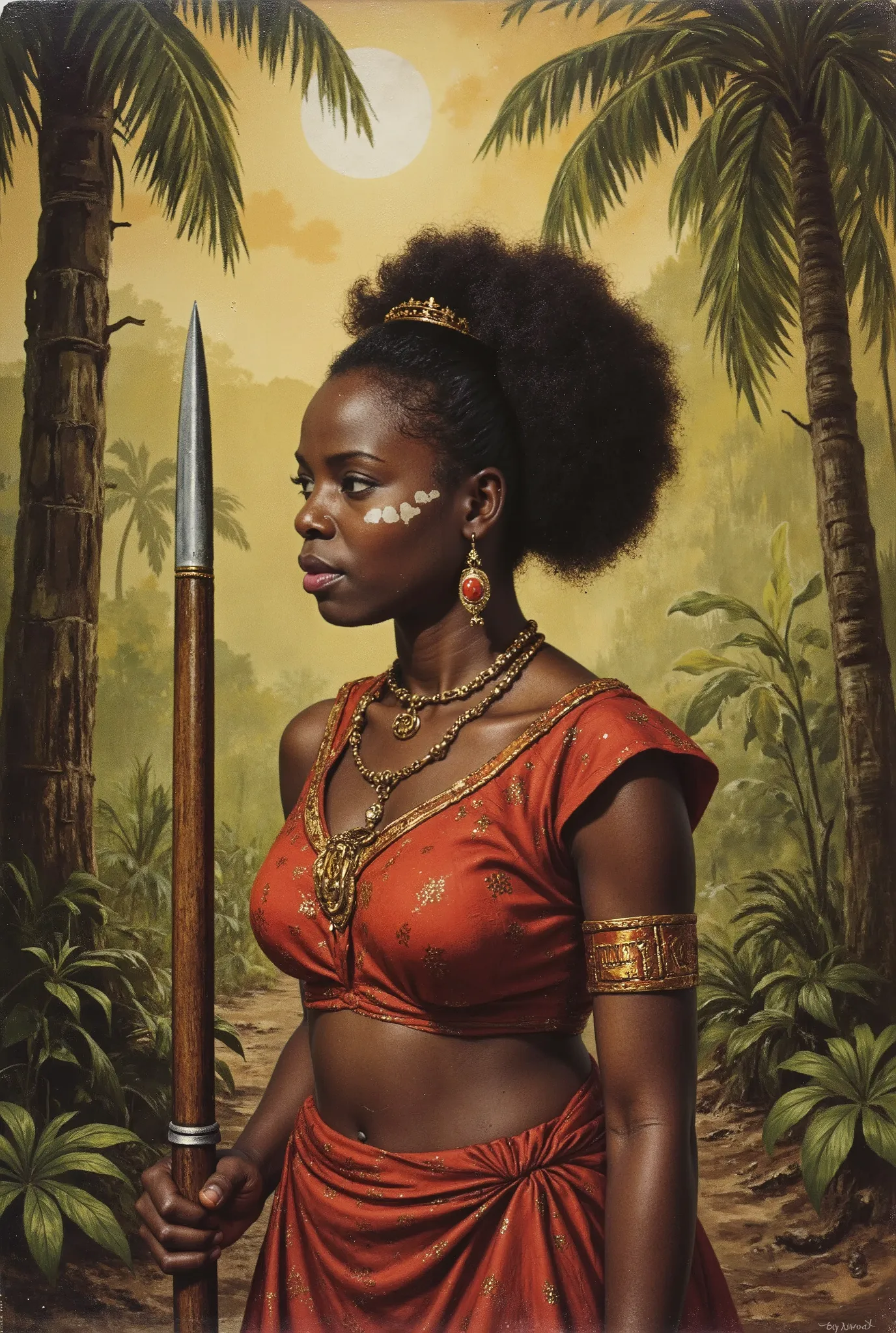 vintage pulp art, antqgldnCE style, pulp art style, 1woman, Congolese, traditional weapon in hand, war paint, 1800’s Congo, jungle background, highly detailed art style