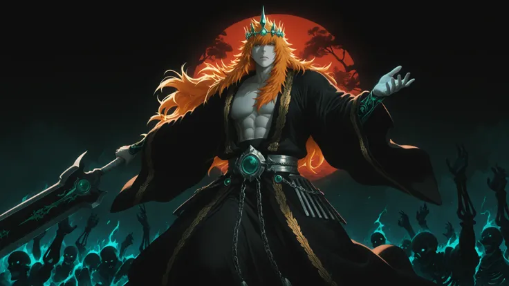 flat color, WaifuDiffusionStyle, neutral background, white splash stylized outline background, 1boy, kurosaki_ichigo, long_orange_hair, flowing_hair, intense_gaze, pale_skin, ornate_gold_crown, jade_tiara, toned_abs, open_robe, black_robe, gold_embroidery,...
