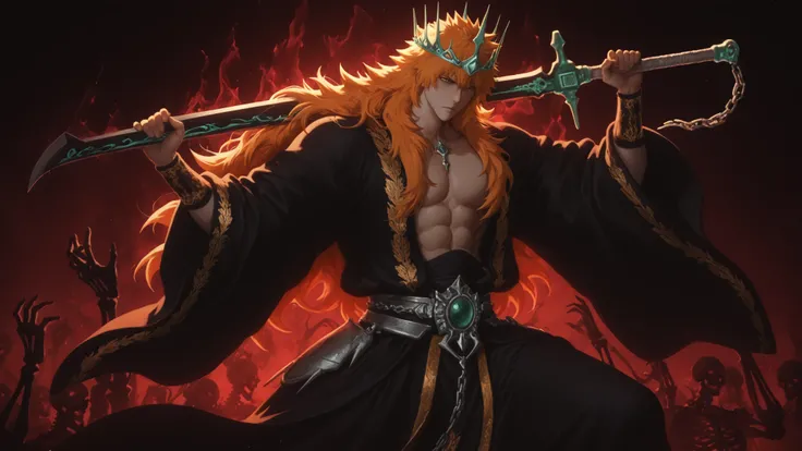 flat color, WaifuDiffusionStyle, neutral background, white splash stylized outline background, 1boy, kurosaki_ichigo, long_orange_hair, flowing_hair, intense_gaze, pale_skin, ornate_gold_crown, jade_tiara, toned_abs, open_robe, black_robe, gold_embroidery,...