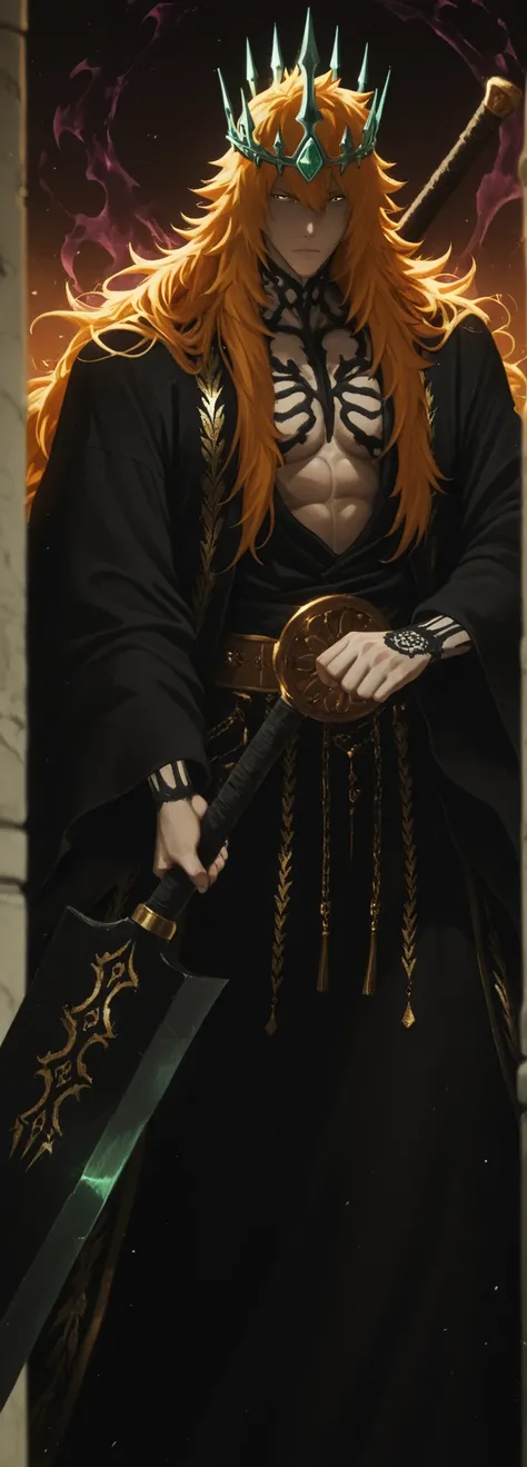 flat color, WaifuDiffusionStyle, neutral background, white splash stylized outline background, 1boy, kurosaki_ichigo, long_orange_hair, flowing_hair, intense_gaze, pale_skin, ornate_gold_crown, jade_tiara, toned_abs, open_robe, black_robe, gold_embroidery,...
