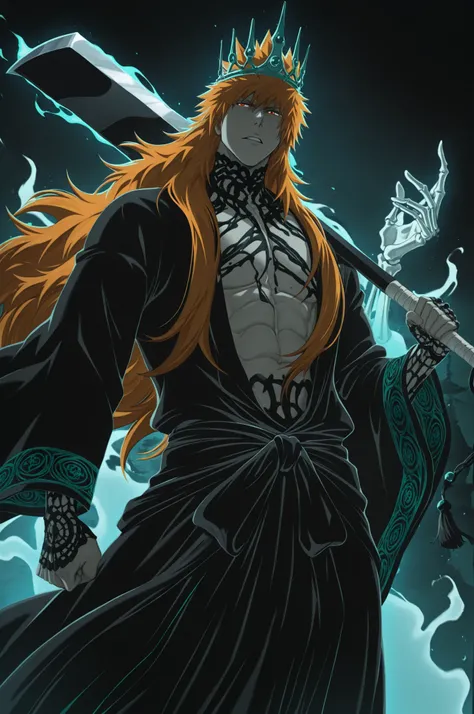 flat color, WaifuDiffusionStyle, neutral background, white splash stylized outline background, 1boy, kurosaki_ichigo, long_orange_hair, flowing_hair, intense_gaze, pale_skin, ornate_gold_crown, jade_tiara, toned_abs, open_robe, black_robe, gold_embroidery,...