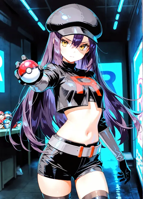 1girl, Nyann, long hair, yellow eyes, dark purple hair, hair between eyes, black cropped cap,midriff tops, navel,depth of field, fake traditional media, Picturesque, Impressionism, masterpiece, high score,  Great score , very high resolution highlights (ma...