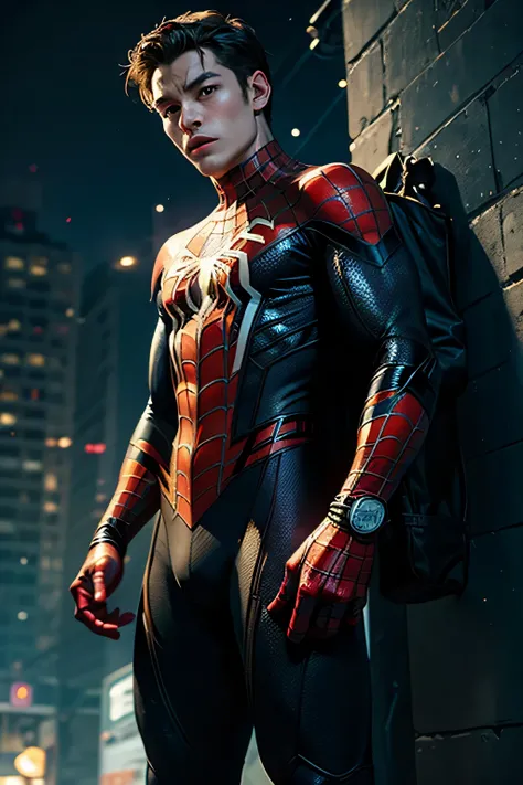 A hero like Spider-Man、 male、Full Body、The mark on the chest is A