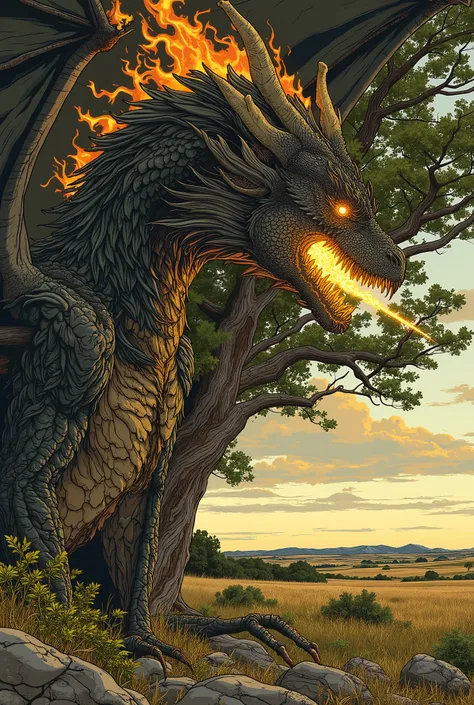 The Gorgeous Dragon with huge wings Breaths beautifully onto the Tree with fire, covering it with a beautiful mystical flame, masterpiece, best quality, highly detailed, clearly, award-winning image, Fantasy style,  8k resolution, Beautiful detailed celebr...