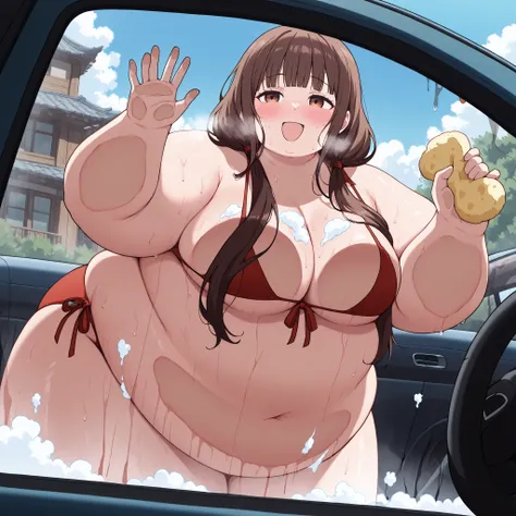 masterpiece, best quality, newest, absurdres, highres, detailed eyes, beautiful, detailed background, perfect eyes, anime coloring, anime screencap,
breast_wiperV1,
shy smile, breasts on glass, leaning forward,  washing vehicle, car wash, soap bubbles, spo...