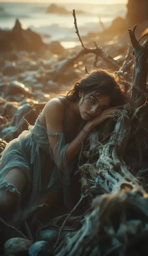 Realistic, Masterpiece, Fine Art 32k, A serene coastal scene featuring a contemplative female figure draped elegantly over a weathered driftwood log, set against a rocky beach backdrop. The subject gazes thoughtfully, with a soft expression highlighted by ...