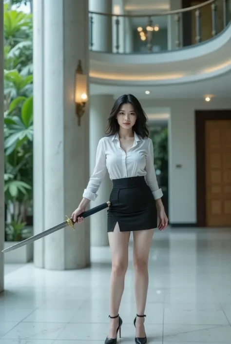 (full body) shot of a woman, (Indonesian), (beautiful woman), black short hair, slightly chubby, ((albino)), (pale skin), wearing office attire, mini skirt with high-slit, (high heels), and drawing her katana in a smooth motion. The background indoor quite...