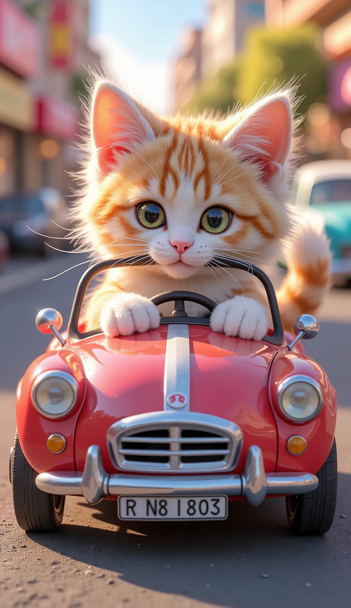 cute cat,Cat driving a toy car,Realistic Cat,4K High Resolution,super definition,Shiny Textures,Delicate Details,Bokeh Backgrounds,Deep colors,A lively expression,Dynamic Movement,details,portrait photography style