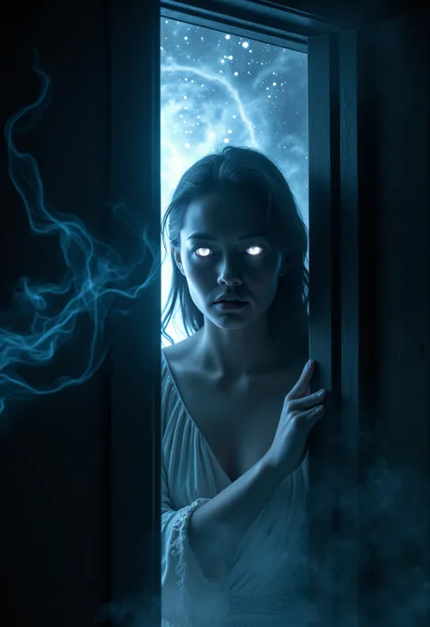best quality picture of a half seen woman, with glowing eyes, behind a half open doors that hide the stars,  smoke rising from behind the door, dynamic background, vibrant, Ultra-high resolution, High Contrast, (masterpiece:1.5), highest quality, Best aest...